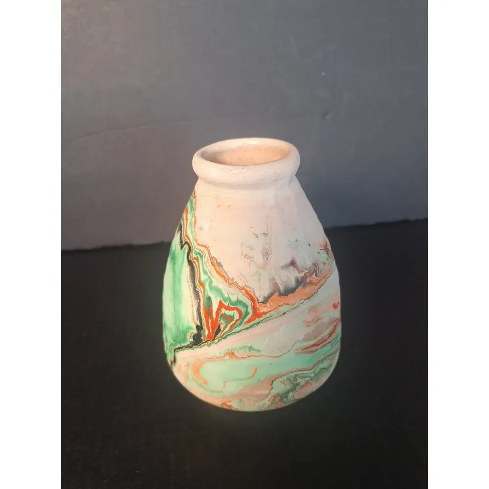 Nemadji Pottery Swirl Vase USA Green Orange Marbleware Mission Drip Art Pottery